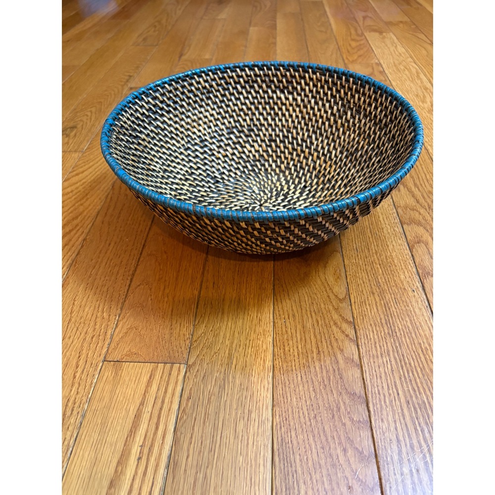 IKEA Hand Woven Wicker Basket Bowl Black Tan Teal Blue Rim Spiral Pattern 14.5"